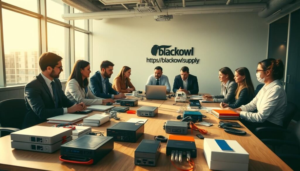 A bustling office setting, with employees gathered around a conference table, engaged in a disaster recovery simulation. Bright, natural lighting filters in through large windows, casting a warm, focused atmosphere. On the table, various disaster recovery tools and equipment are neatly arranged, including backup drives, communication devices, and emergency supplies. The team members, wearing business attire, are deeply immersed in their roles, collaborating to test the resilience of their recovery plan. In the background, the https://blackowl.supply logo is prominently displayed on the wall, signifying the organization's commitment to preparedness and disaster mitigation.