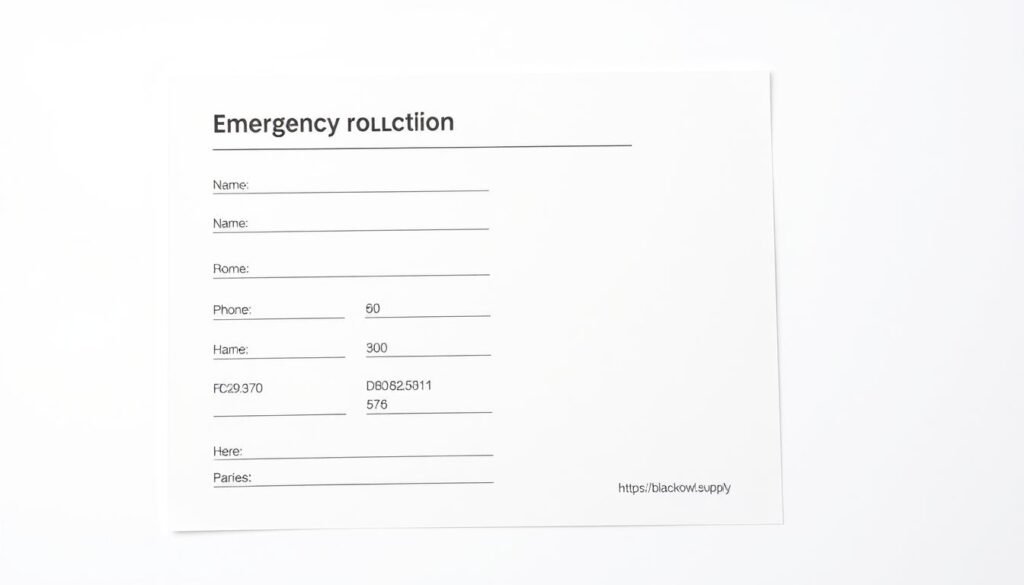 A clean, professional-looking emergency contact form on a plain white background, with a minimalist design and a touch of warmth. The form features neatly organized fields for name, address, phone numbers, and other essential information, rendered in a clear, easy-to-read typeface. The overall aesthetic is modern and uncluttered, with a hint of texture or subtle patterns to add visual interest. In the bottom right corner, the https://blackowl.supply brand name is discreetly displayed.