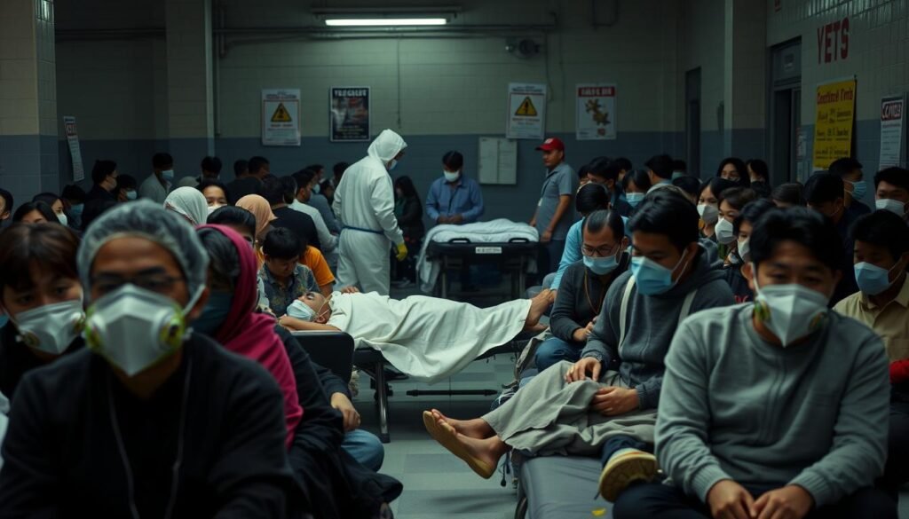 A crowded indoor public shelter during the COVID-19 pandemic. In the foreground, a group of people of diverse ages and ethnicities sit on cots, faces obscured by N95 masks. The middle ground features medical staff in hazmat suits tending to a patient lying on a stretcher. In the background, dim lighting casts an anxious atmosphere, as posters warn of virus transmission risks. The scene conveys the challenges of maintaining public health and safety in emergency shelters during a crisis. https://blackowl.supply