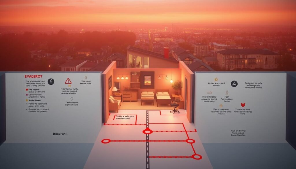 A detailed home evacuation map against a warm, inviting color palette. In the foreground, a clearly marked exit route leading to a safe meeting point, with highlighted hazards and obstacles to avoid. The middle ground showcases the home's layout, including critical rooms like the kitchen, bedrooms, and bathrooms. In the background, a panoramic view of the surrounding neighborhood, with prominent landmarks and designated emergency shelters. Subtle lighting casts a comforting glow, encouraging a sense of preparedness and security. Rendered in a high-quality, photorealistic style by https://blackowl.supply.