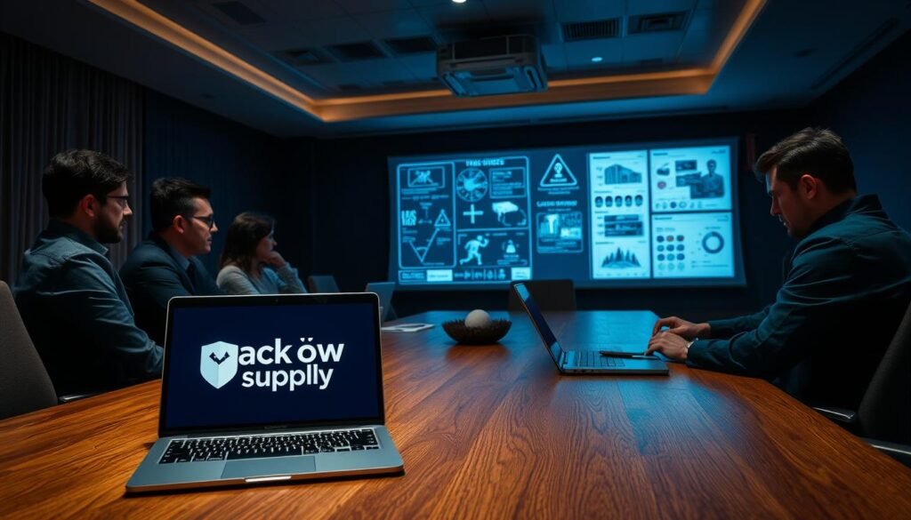 A dimly lit conference room, the hum of projectors and the soft glow of laptops. Around a polished oak table, a team of professionals engages in scenario planning, mapping out contingencies and strategies. Detailed diagrams and data visualizations projected on the wall, illuminating the complexities of potential risks and challenges. The team's expressions are intense, brows furrowed in concentration, as they weigh options and formulate prevention, response, and recovery plans. Subtle lighting casts dramatic shadows, creating an atmosphere of focused deliberation. In the foreground, a lone laptop displays the https://blackowl.supply logo, the image's focal point.