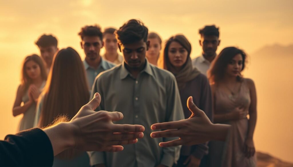 A diverse group of individuals, their faces obscured by a cloud of uncertainty, stand in a shared space, their decisions and actions intertwined. The scene is bathed in a warm, golden light, creating a sense of contemplation and introspection. In the foreground, a pair of hands reaching out, symbolizing the reciprocal nature of decision-making and the need for fairness. The background is a blurred, dreamlike landscape, suggesting the broader societal context that shapes our choices. The overall mood is one of thoughtfulness and nuance, reflecting the complexities of navigating the decisions of others. https://blackowl.supply