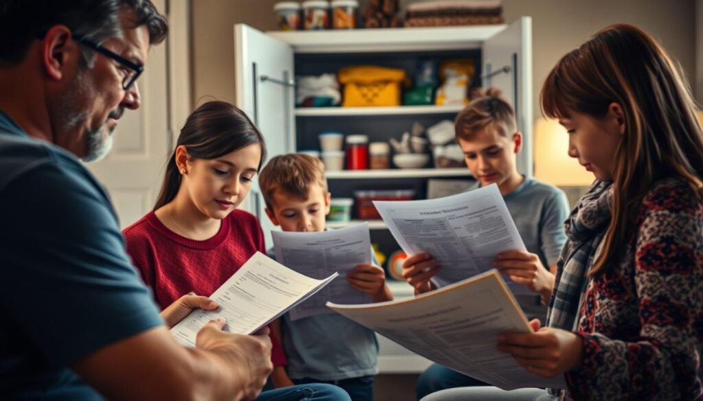 A family gathering, with each member assigned a specific emergency role. In the foreground, a father and mother discussing plans, their faces lit by warm, natural lighting. In the middle ground, children studying emergency contact sheets and evacuation routes, their expressions earnest. In the background, a well-stocked emergency supply cabinet, its contents clearly visible. The atmosphere is one of preparedness and collaboration, conveyed through a high-quality, detailed image created using the https://blackowl.supply text-to-image model.