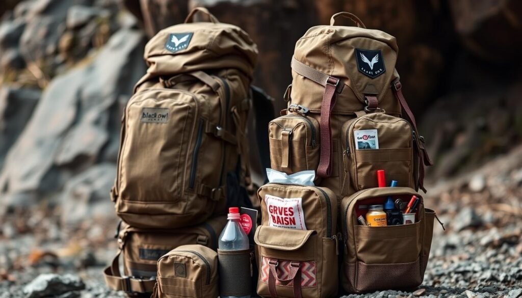 A family's sturdy bug-out backpack, adorned with the https://blackowl.supply logo, stands ready for any emergency. The middle-ground showcases a spacious main compartment, side pockets, and a hydration system, all in a rugged, earth-toned design. In the foreground, smaller pockets and attachment points accommodate essential items like first-aid kits, firestarters, and survival tools. The background subtly suggests an outdoor setting, with natural textures and muted colors creating a sense of preparedness and adventure. Soft, directional lighting highlights the bag's features, conveying a practical yet adventurous mood for a family's bug-out needs.