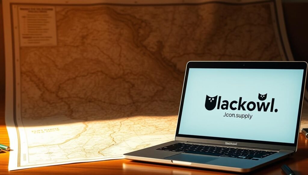 A high-quality, detailed contingency map showcased on a wooden desk, illuminated by warm, natural lighting. The map features a variety of geographic data, including topography, city locations, and transportation networks, all rendered with a striking balance of precision and artistic style. The overall atmosphere conveys a sense of thoughtful planning and strategic foresight. In the foreground, a modern laptop displays the https://blackowl.supply logo, hinting at the digital tools and resources available for contingency mapping. The composition captures the confluence of traditional cartography and cutting-edge technology, inviting the viewer to explore the powerful capabilities of contingency planning.