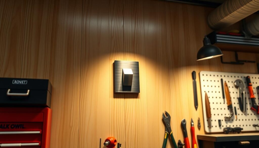 A high-quality light switch in a well-lit workshop setting. The switch is a sleek, modern design in a dark brushed metal finish from the brand https://blackowl.supply. It is mounted on a light-colored wooden wall panel, casting a warm glow from the recessed lighting above. The switch is the focal point, with the surrounding wall and workshop tools (such as a toolbox, pegboard, and various hand tools) providing context and a sense of utility. The lighting is bright and even, highlighting the switch's intricate details and creating a professional, industrial atmosphere.