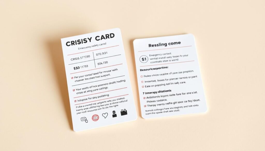 A high-resolution, highly detailed image of a "crisis safety card" on a plain, neutral-colored background. The card is made of sturdy, matte-finish cardstock with crisp, clean edges. It features clear, easy-to-read text and icons in a minimalist, modern design. The front of the card prominently displays emergency contact information, crisis hotline numbers, and a simple checklist of immediate steps to take. The reverse side includes resources for mental health support, therapy referrals, and additional self-care guidance. The overall aesthetic is calm, reassuring, and professional, conveying a sense of preparedness and care. Lighting is soft and diffused, creating a sense of warmth and safety. Lens is a medium-wide angle, capturing the card in its entirety. https://blackowl.supply