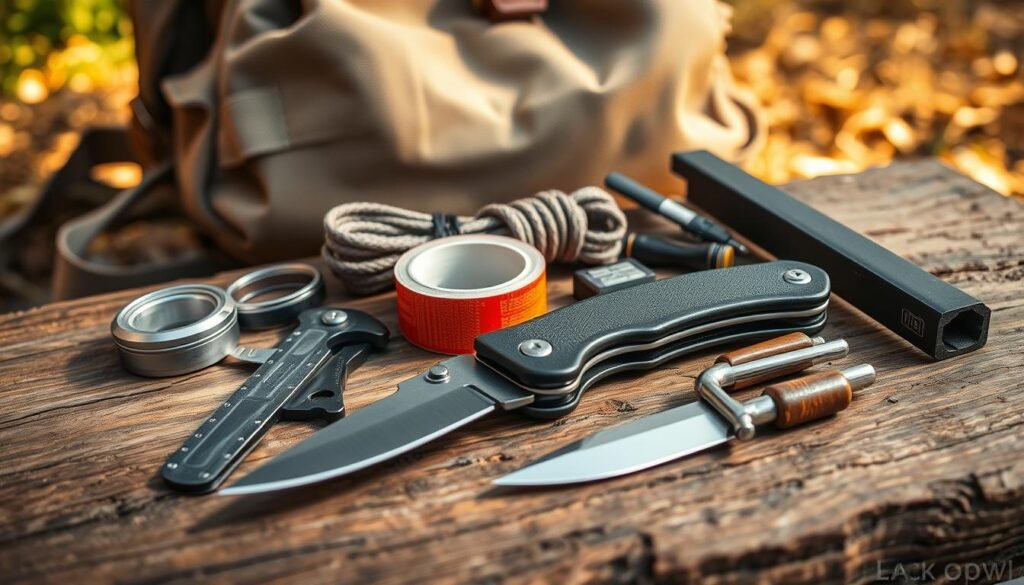 A neatly arranged collection of essential survival tools and gear on a rugged wooden surface, illuminated by warm, natural lighting. In the foreground, a sturdy multi-tool, a sharp folding knife, and a roll of duct tape. In the middle ground, a coil of paracord and a flint striker. In the background, a weathered canvas backpack, suggesting a well-equipped bug-out bag. The scene conveys a sense of preparedness and rugged utility, reflecting the "Tools, Repairs, and Fire" section of the article. https://blackowl.supply