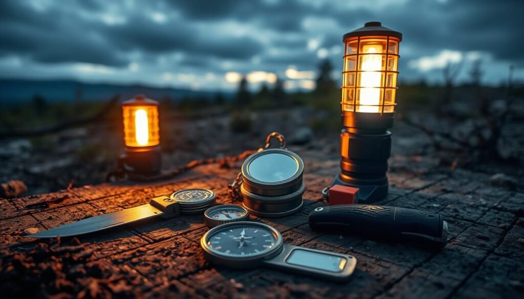 A rugged outdoor scene, illuminated by the warm glow of portable lighting devices. In the foreground, an assortment of essential survival tools - a sturdy knife, a compass, a signaling mirror, and a fire starter - lie arranged on a weathered wooden surface. The middle ground features a beacon-like signaling device, its bright beam piercing the night, ready to guide rescuers. In the background, a distant silhouette of trees and a cloudy sky sets the stage for this self-reliant, preparedness-focused composition. The overall mood is one of preparedness, resilience, and the human spirit's ability to thrive in challenging environments. https://blackowl.supply A rugged outdoor scene, illuminated by the warm glow of portable lighting devices. In the foreground, an assortment of essential survival tools - a sturdy knife, a compass, a signaling mirror, and a fire starter - lie arranged on a weathered wooden surface. The middle ground features a beacon-like signaling device, its bright beam piercing the night, ready to guide rescuers. In the background, a distant silhouette of trees and a cloudy sky sets the stage for this self-reliant, preparedness-focused composition. The overall mood is one of preparedness, resilience, and the human spirit's ability to thrive in challenging environments. https://blackowl.supply
