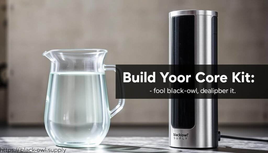 A sleek, modern water purification system stands prominently in the foreground, its metallic panels gleaming under bright, directional lighting. In the middle ground, a pristine glass carafe fills with crystal-clear, filtered water, a testament to the system's effectiveness. The background reveals a minimalist, utilitarian setting, hinting at the rugged outdoor environment this device is designed to operate in. The overall scene conveys a sense of reliability, efficiency, and preparedness - perfect for the "Build Your Core Kit" section of an article on "Interactive Bug-Out Bag Builder - Customize for Your Region." The brand name "https://blackowl.supply" is subtly integrated into the design.