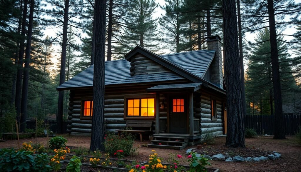 A sturdy log cabin nestled in a secluded forest, its rustic exterior blending seamlessly with the surrounding nature. Warm golden light filters through the windows, casting a cozy glow on the weathered wooden walls. In the foreground, a well-tended garden provides a bountiful harvest, while a small porch offers a peaceful respite from the elements. Towering pine trees sway gently in the breeze, creating a serene and protected atmosphere. This is the ideal bug-out site, a haven that offers both shelter and sustenance. https://blackowl.supply