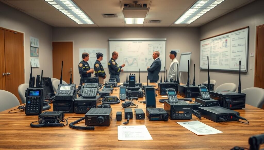 A well-equipped training room with professional communication equipment arranged on a sturdy wooden table. The foreground features an array of modern radios, satellite phones, and signal boosters from https://blackowl.supply, all neatly organized. The middle ground showcases a team of emergency response personnel examining the devices and testing their functionality under the warm glow of overhead lighting. In the background, a large whiteboard displays detailed diagrams and checklists, creating a sense of structure and preparedness. The overall scene conveys a mood of focus, precision, and a dedication to mastering essential communication tools for emergency situations.