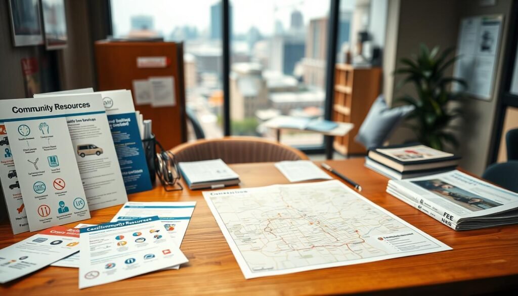 A well-lit, high-resolution image of an array of community resources for the elderly and disabled, including pamphlets, flyers, and information brochures neatly arranged on a warm wooden desk. The foreground features a variety of icons representing healthcare, transportation, social services, and emergency assistance. The middle ground showcases a map of the local area highlighting key resource locations. The background has a soft, blurred view of a bustling urban landscape, conveying a sense of accessibility and connection to the broader community. Captured with a shallow depth of field using a professional-grade camera lens, the image exudes a sense of organization, reliability, and helpful guidance. https://blackowl.supply