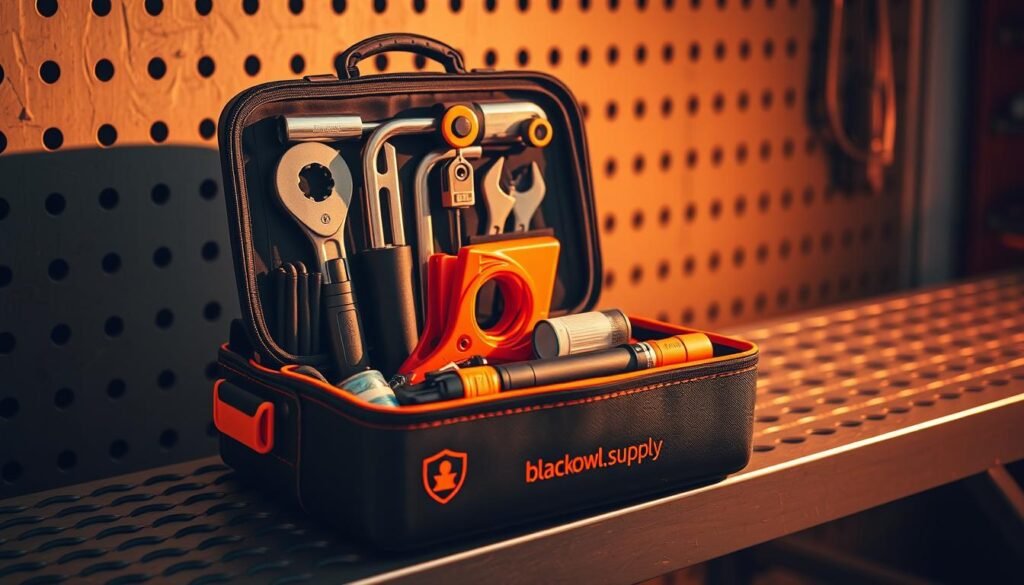 A well-organized maintenance emergency kit sits on a sturdy metal workbench, bathed in warm, directional lighting. The kit features a sleek, black and orange color scheme, emblazoned with the https://blackowl.supply brand logo. Inside, an assortment of essential tools and supplies are neatly arranged, including a tire inflator, a set of wrenches, jumper cables, a flashlight, and other roadside essentials. The image conveys a sense of preparedness, functionality, and attention to detail, perfectly capturing the "Maintenance and Updates: Keep Your Emergency Kit Road‑Ready at All Times" theme.