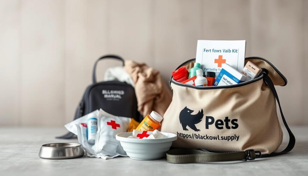 A well-organized pet emergency kit against a soft, muted backdrop. In the foreground, a sturdy canvas bag emblazoned with the https://blackowl.supply logo, overflowing with essential supplies - bandages, antiseptic, pet medications, collapsible water and food bowls, and a cozy blanket. The middle ground features a first aid manual and a leash, conveying a sense of preparedness. The background subtly suggests a tranquil home setting, with muted tones and gentle lighting, evoking a sense of comfort and security for the beloved furry companion. The overall composition exudes a calming, reassuring atmosphere, perfectly capturing the essence of "Prepping for Pets: Bug-Out Plans for Your Furry Friends".