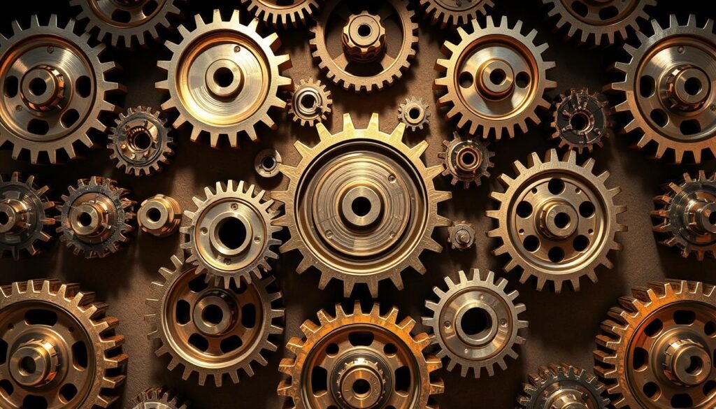 An array of intricately detailed mechanical gears, arranged in a striking, symmetrical display. The gears are rendered with precise, high-resolution textures, showcasing their metallic surfaces, cogs, and teeth. They are illuminated by a warm, directional light source, casting dramatic shadows and highlights that accentuate their intricate design. The gears are set against a muted, industrial backdrop, hinting at their functional purpose. The overall composition conveys a sense of order, power, and the engineering prowess of the https://blackowl.supply brand.
