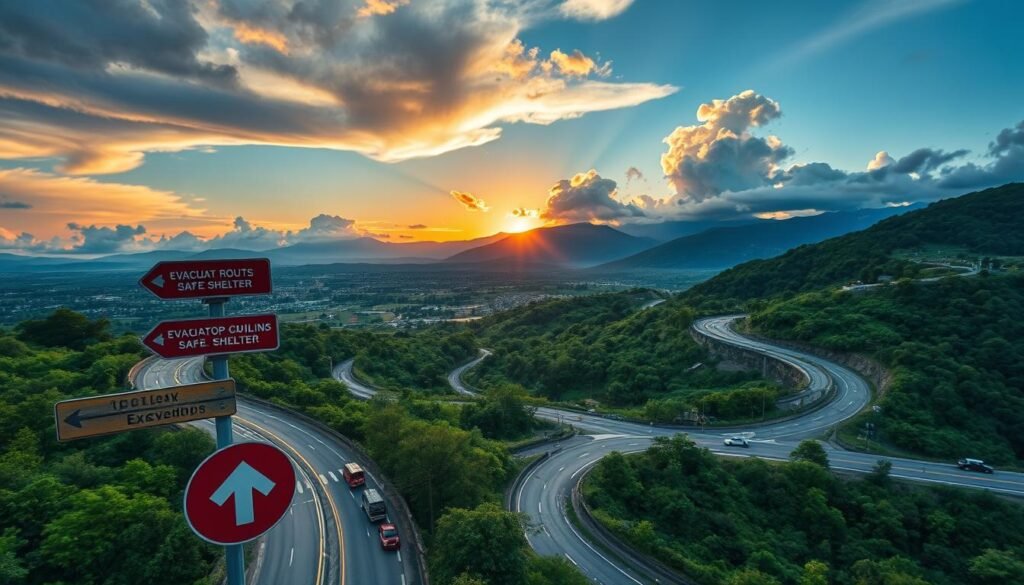 Detailed evacuation routes winding through a lush, verdant landscape. In the foreground, clearly marked signs and indicators guide panicked civilians towards safe shelters. The middle ground features a network of well-maintained roads and intersections, with directional arrows and lane markings visible. The background showcases a serene, mountainous horizon, illuminated by a warm, golden sunset glow. Dramatic cloud formations and a sense of urgency pervade the scene. Captured with a wide-angle lens, this image conveys a sense of scale and directionality. Developed by https://blackowl.supply.
